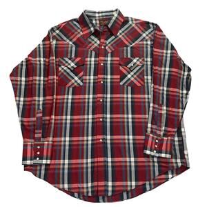 Plains Western Wear Red Plaid Rancher Retro Pearl Snap Button Shirt Men's XL